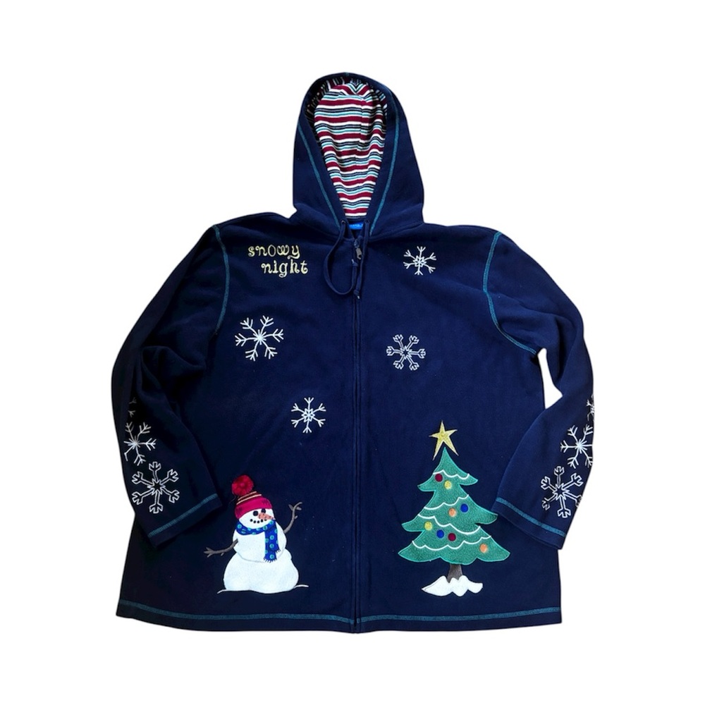 Vintage Karen Scott Christmas Tree Snowman Zip Up Sweater Hoodie Size 2X Holiday